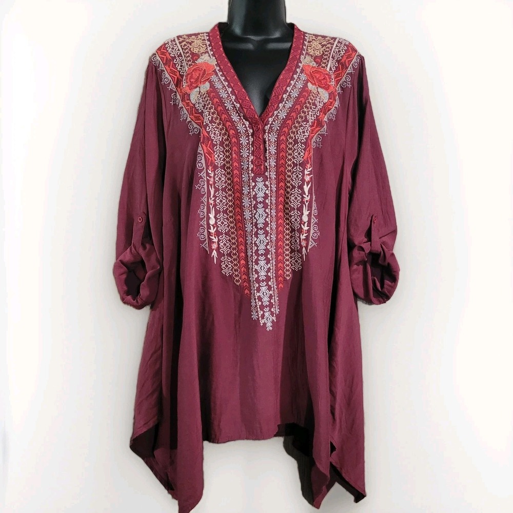 Andree by Unit Embroidered Popover Blouse 1X OVERSIZE Sharkbite Hem Boho Peasant